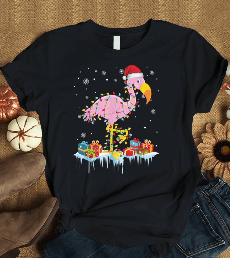 Flamingo Wrapped in Christmas Tree Lights with Santa Hat and Snowflakes T-Shirt