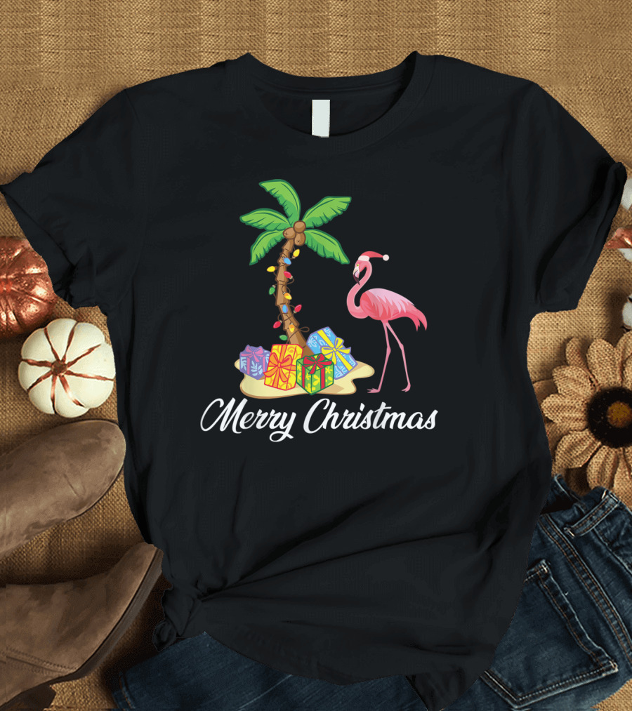 Funny Flamingo Merry Christmas Palm Tree with Gifts T-Shirt