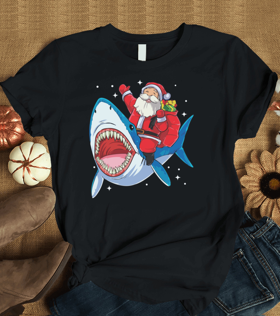Funny Santa Riding Shark Christmas Holiday Cheer T-Shirt
