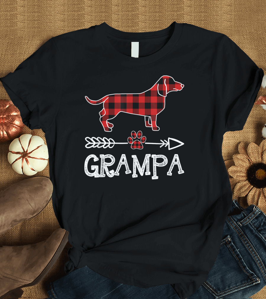 Grampa Red Plaid Dachshund with Arrow and Paw Prints T-Shirt