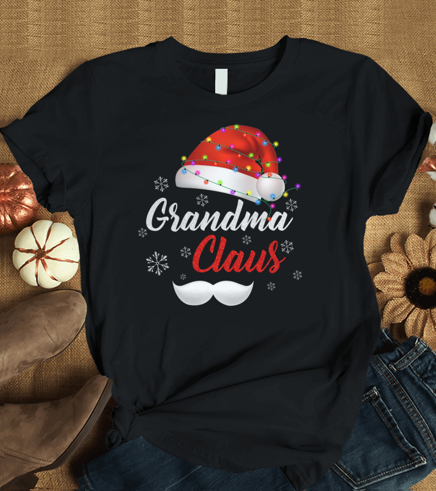 Grandma Claus Santa Hat with Lights and Snowflakes T-Shirt