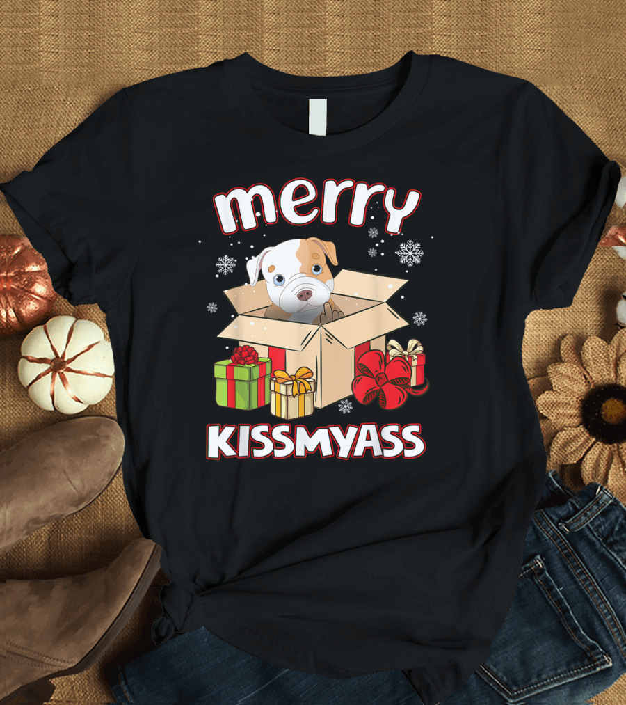 Merry Kissmyass Xmas Lover Pitbull In Box Holiday Humor T-Shirt