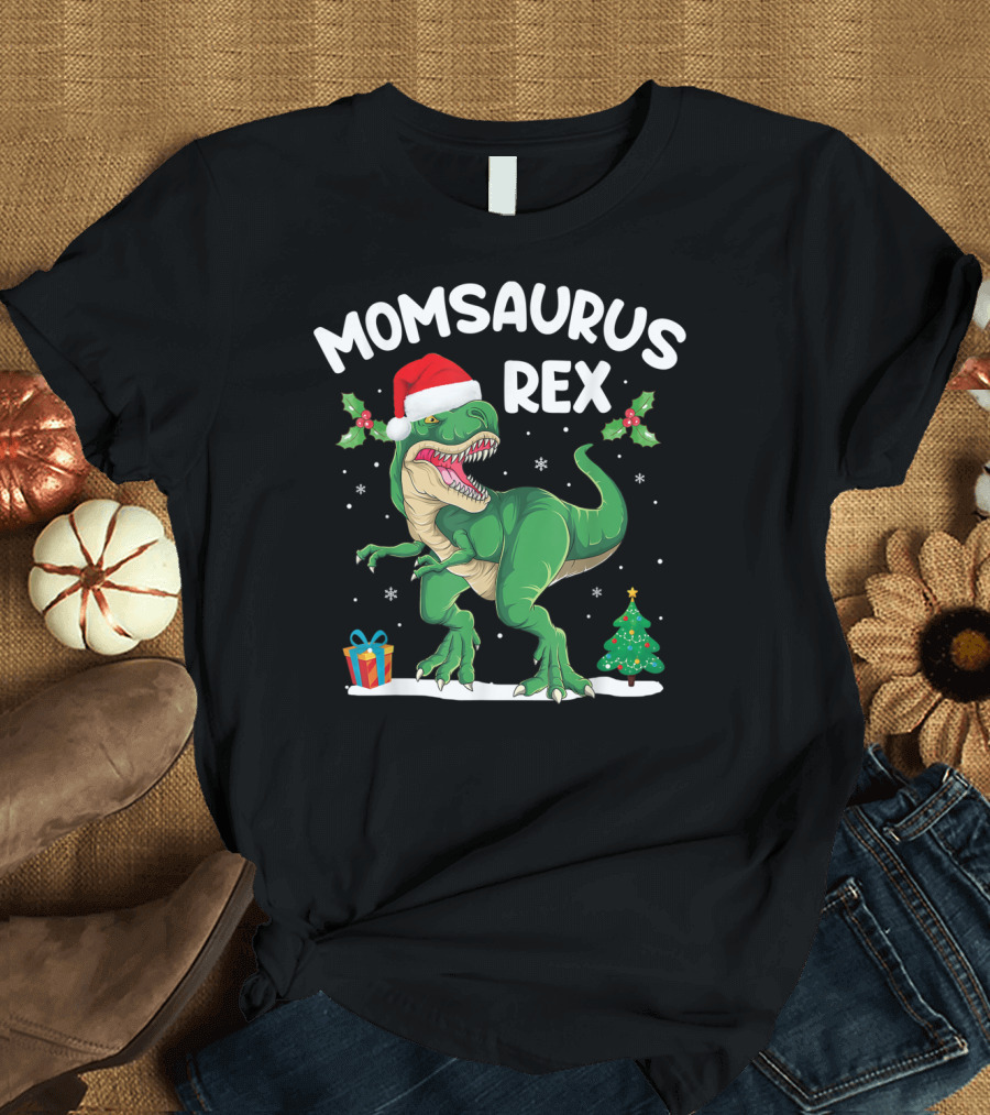 Momsaurus Rex Christmas Dinosaur Santa Hat Holly Tree Gift T-Shirt