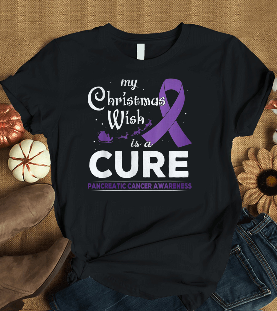 My Christmas Wish Is A Cure Pancreatic Cancer Awareness Ribbon Santa Sleigh T-Shirt