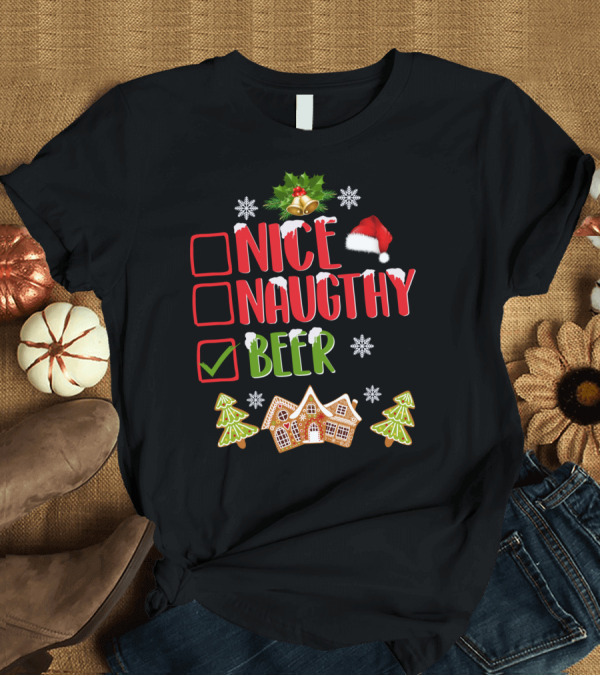 T-Shirt: Nice Naughty Beer Christmas Checklist Gingerbread House and Trees T-Shirt Nice Naughty Beer Christmas Checklist Gingerbread House and Trees T-Shirt