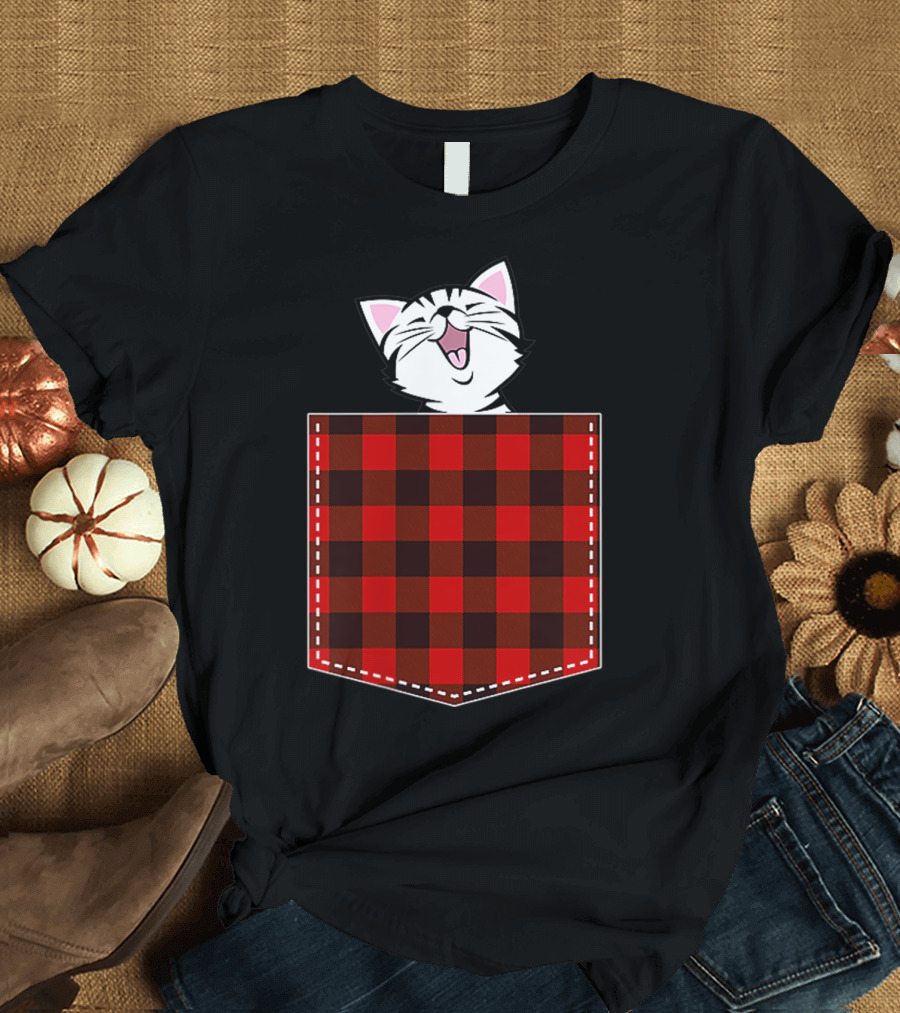 Red Plaid Pocket Cat Buffalo Check Family T-Shirt