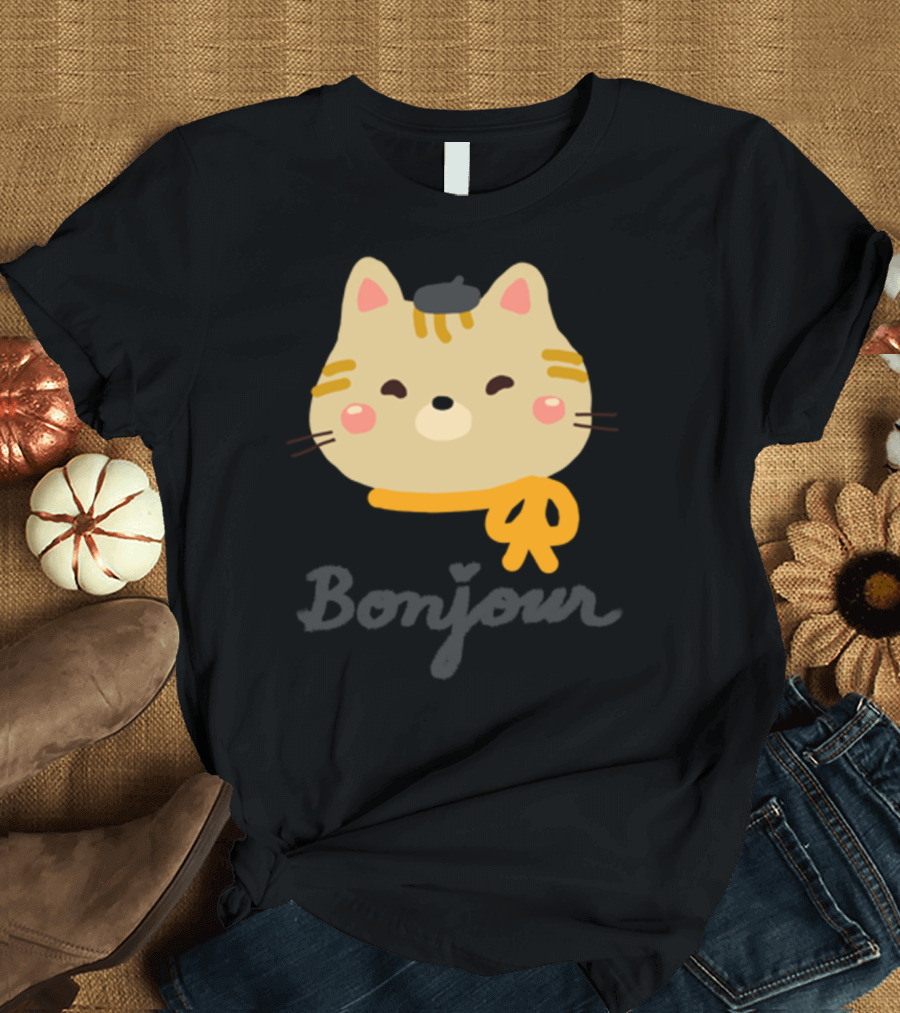 Bonjour Cute Kitty Cat With Beret Scarf and Whiskers T-Shirt