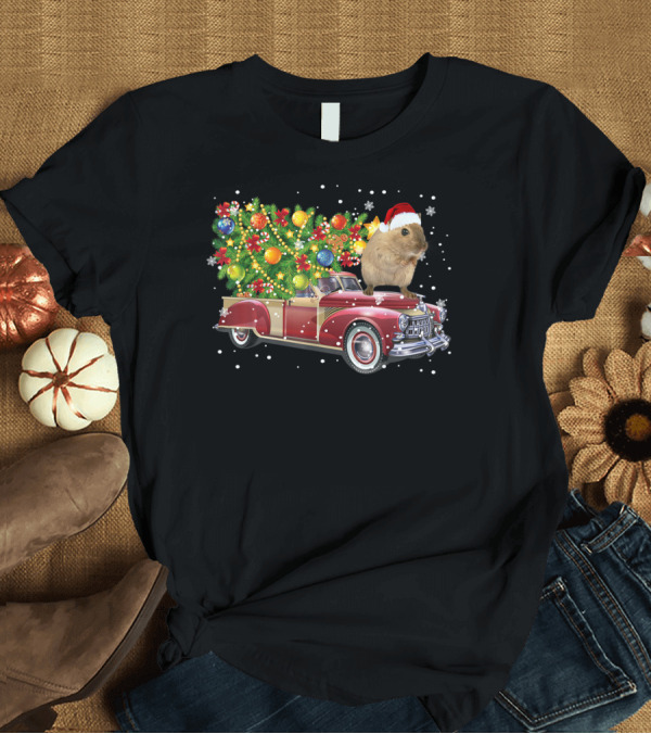 T-Shirt: Hamster Wearing Santa Hat Riding Red Vintage Truck with Christmas Tree and Ornaments T-Shirt Hamster Wearing Santa Hat Riding Red Vintage Truck with Christmas Tree and Ornaments T-Shirt