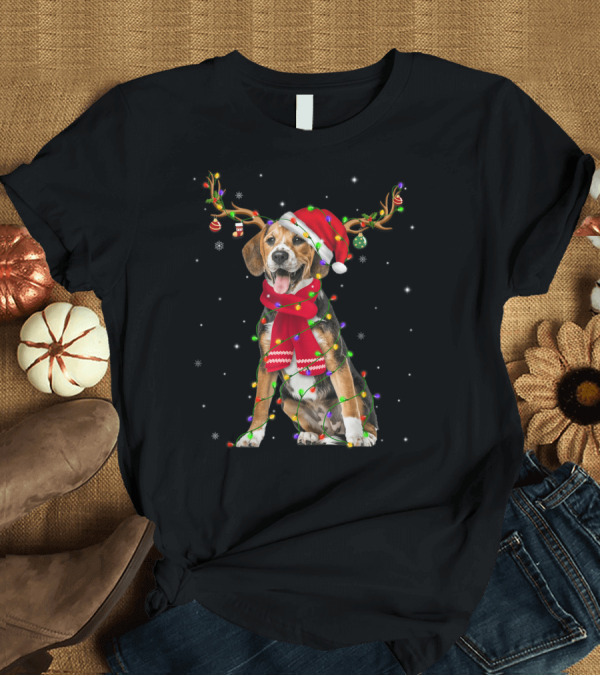 T-Shirt: Beagle Reindeer Red Scarf Christmas Lights Santa Hat Antlers Snowflakes T-Shirt Beagle Reindeer Red Scarf Christmas Lights Santa Hat Antlers Snowflakes T-Shirt