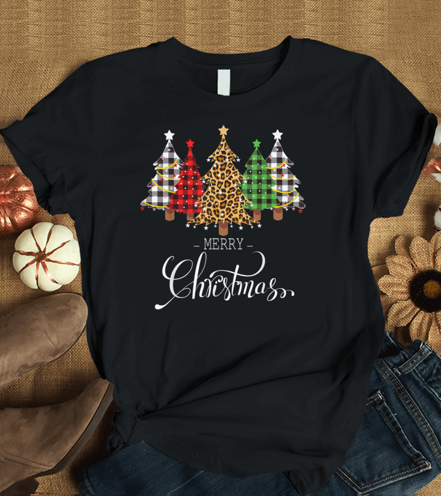 Merry Christmas Plaid and Leopard Print Trees T-Shirt