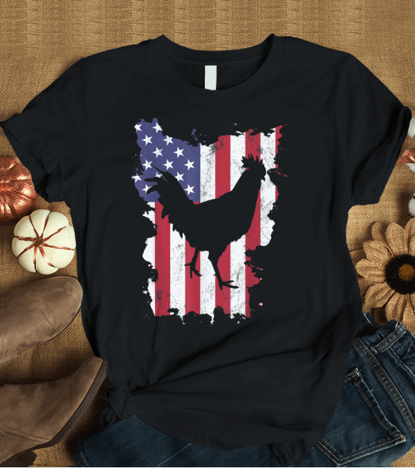 T-Shirt: Patriotic Rooster Silhouette on Distressed American Flag Fourth of July USA T-Shirt Patriotic Rooster Silhouette on Distressed American Flag Fourth of July USA T-Shirt