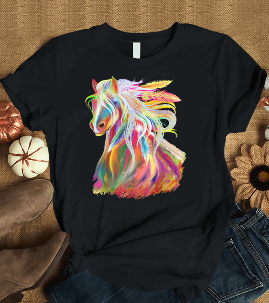 Horse Head Watercolor Rainbow Feathers T-Shirt