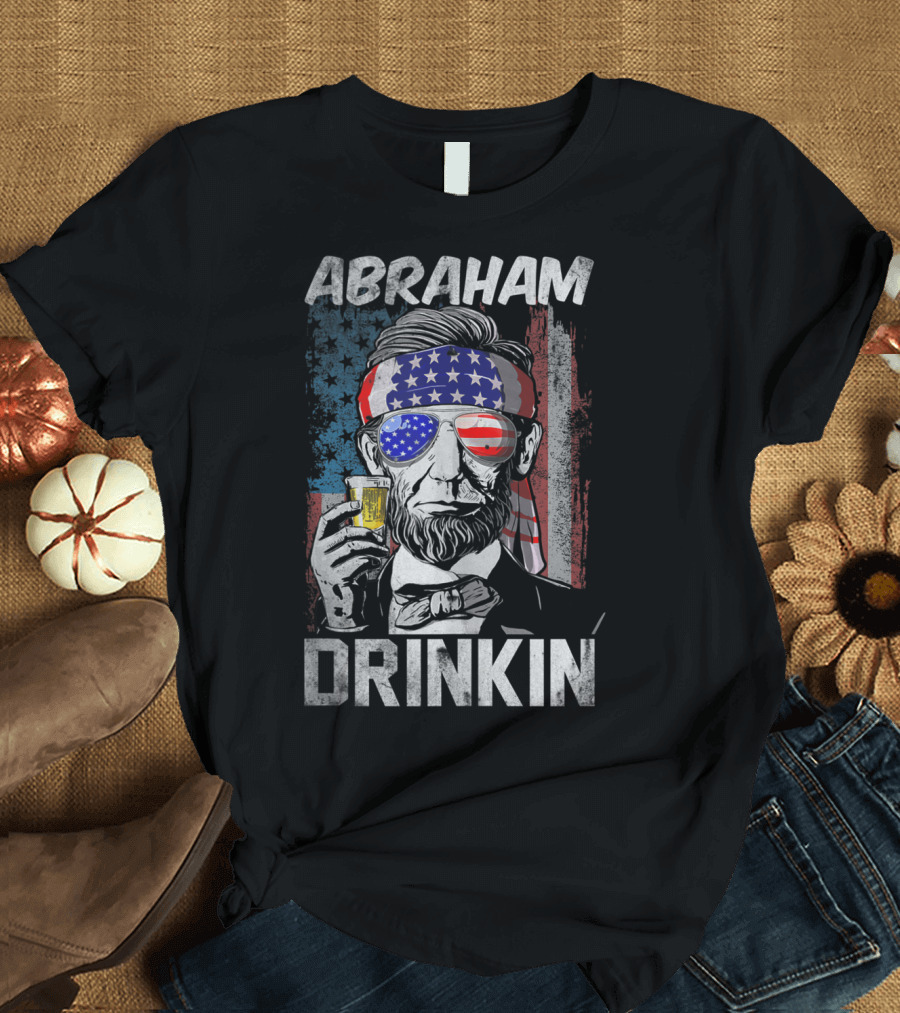 Abraham Drinkin Funny Abe Lincoln Merica USA Flag Bandana Sunglasses Beer T-Shirt