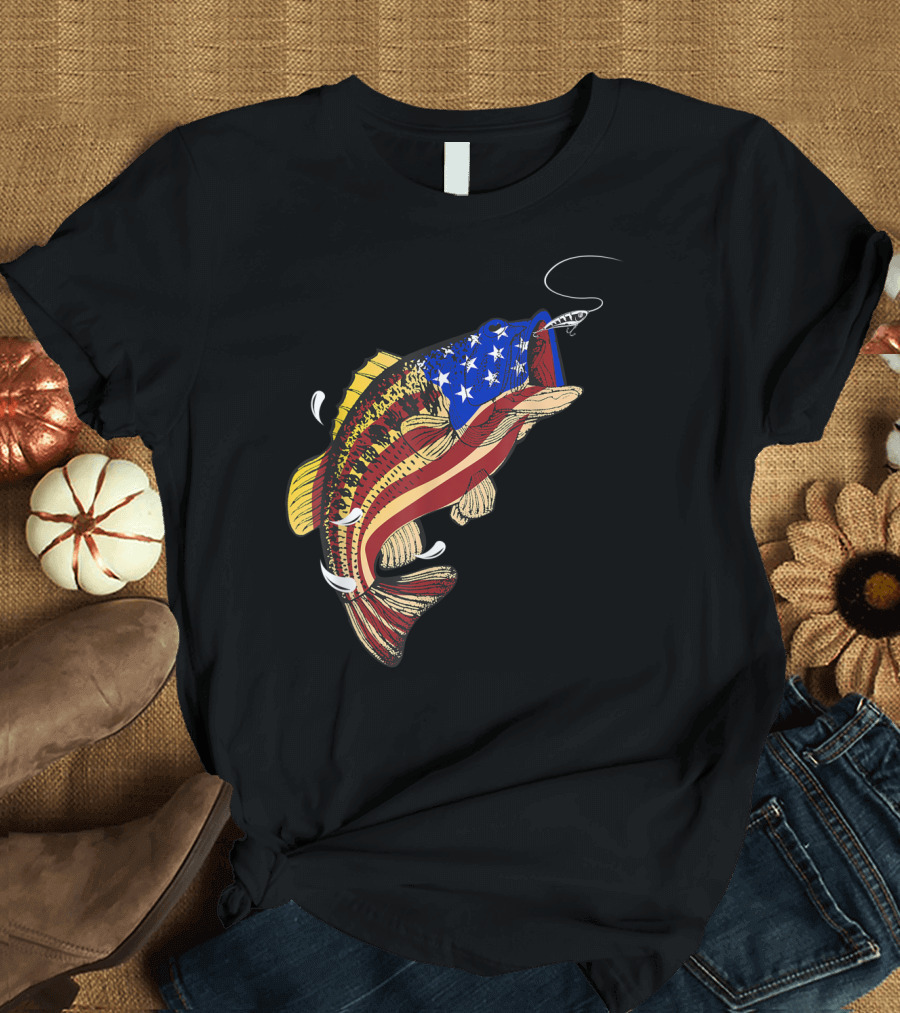 Bass Fishing American Flag 4th of July T-Shirt