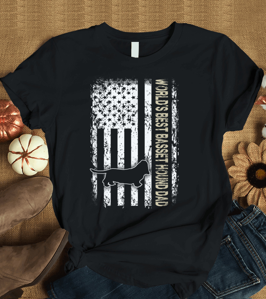 World's Best Basset Hound Dad Patriotic USA Flag T-Shirt