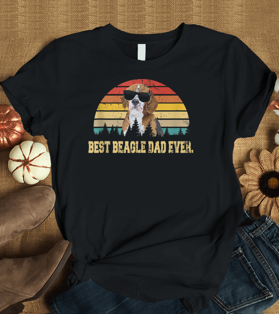 Best Beagle Dad Ever Retro Sunset Fathers Day T-Shirt