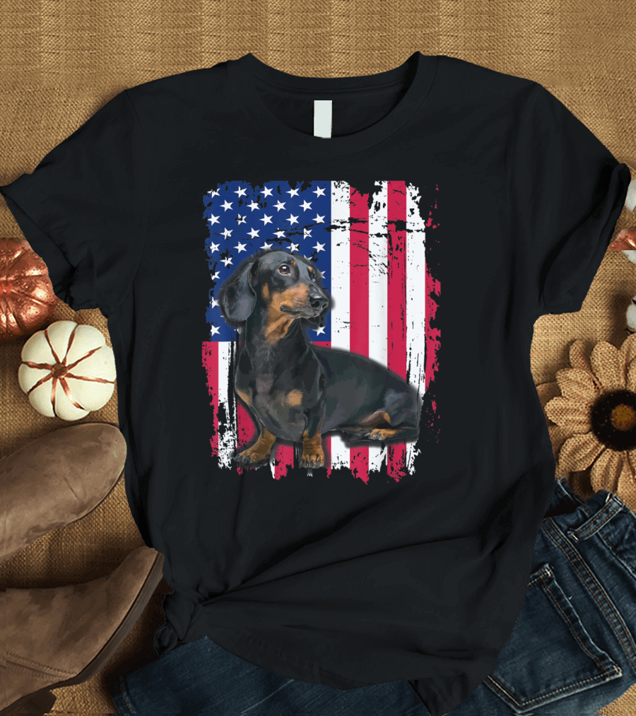 Dachshund with US Flag for 4th of July T-Shirt