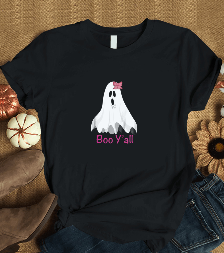 Boo Y'all Halloween Preppy Southern Ghost with Pink Bow T-Shirt