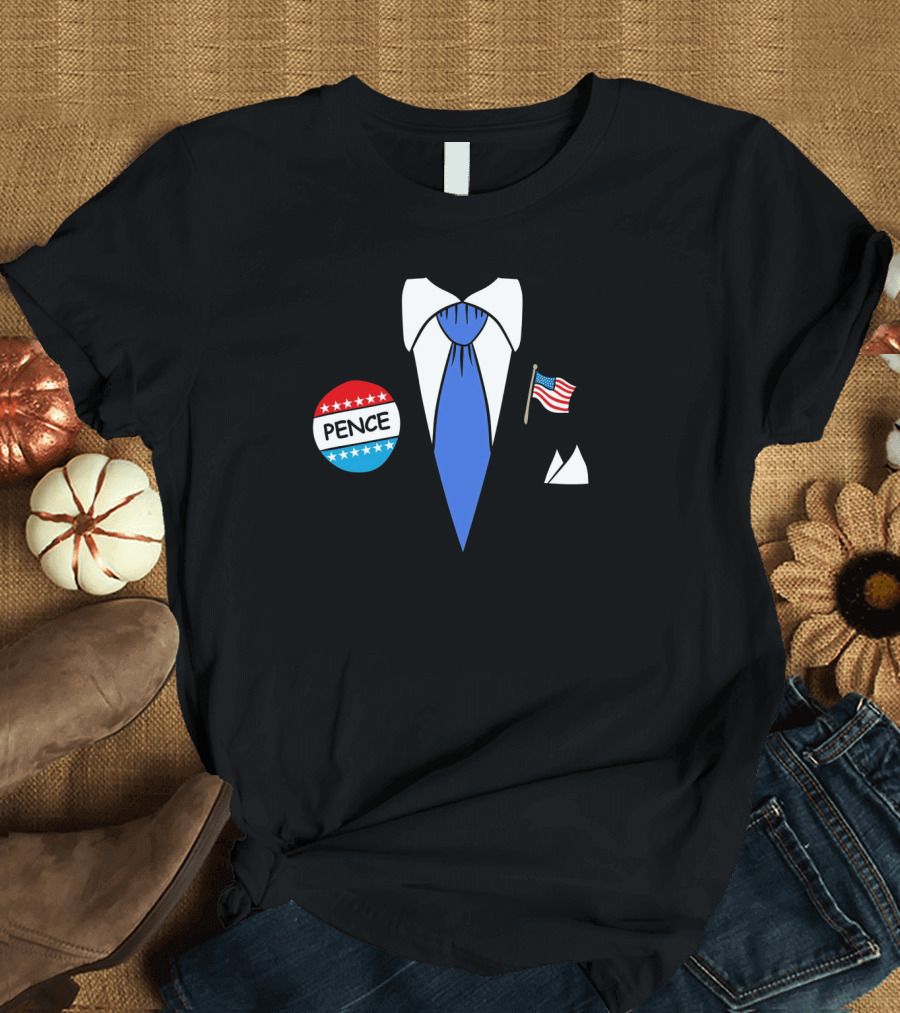 Mike Pence Parody Blue Tie with American Flag and Election Button T-Shirt