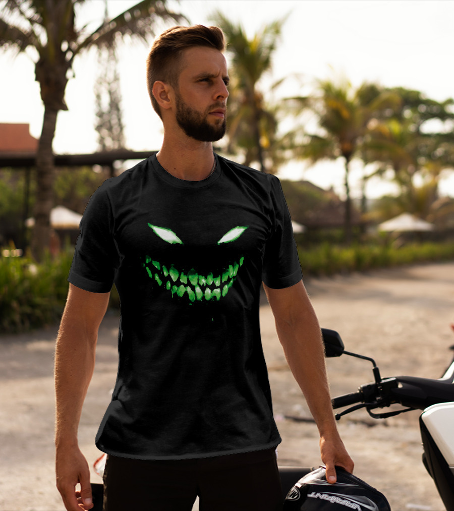 Halloween Dark Green Scary Face Glowing Eyes And Teeth T-Shirt