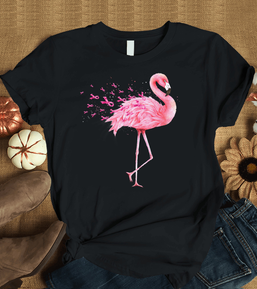 Cute Flamingo Breast Cancer Awareness Pink Ribbon T-Shirt