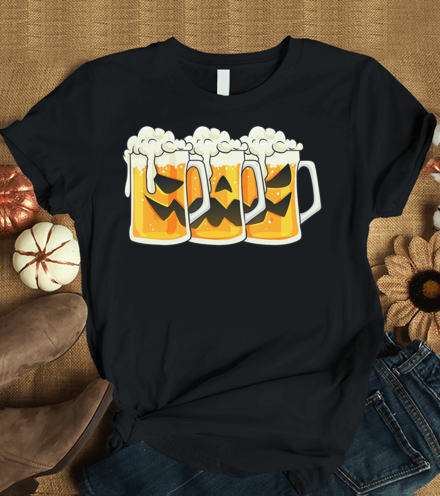 Halloween Jack O Lantern Beer Mug Faces T-Shirt