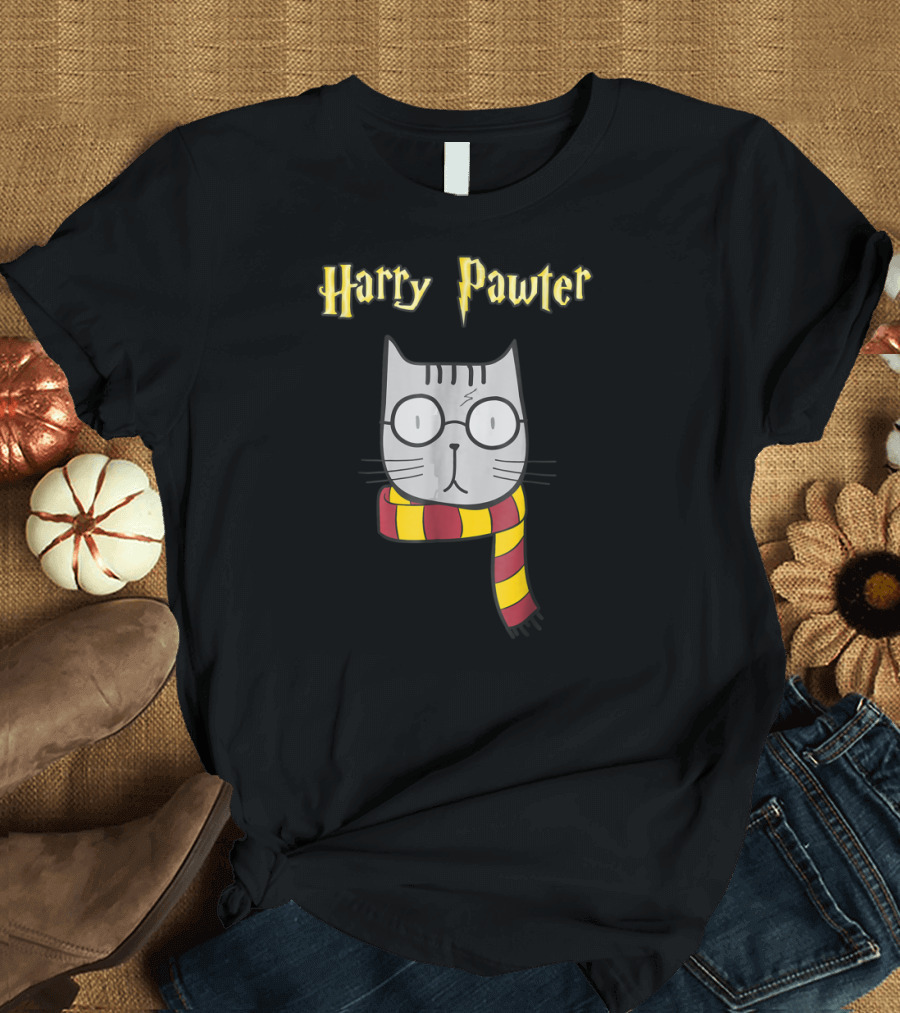 Harry Pawter Magic Cat With Glasses and Gryffindor Scarf T-Shirt