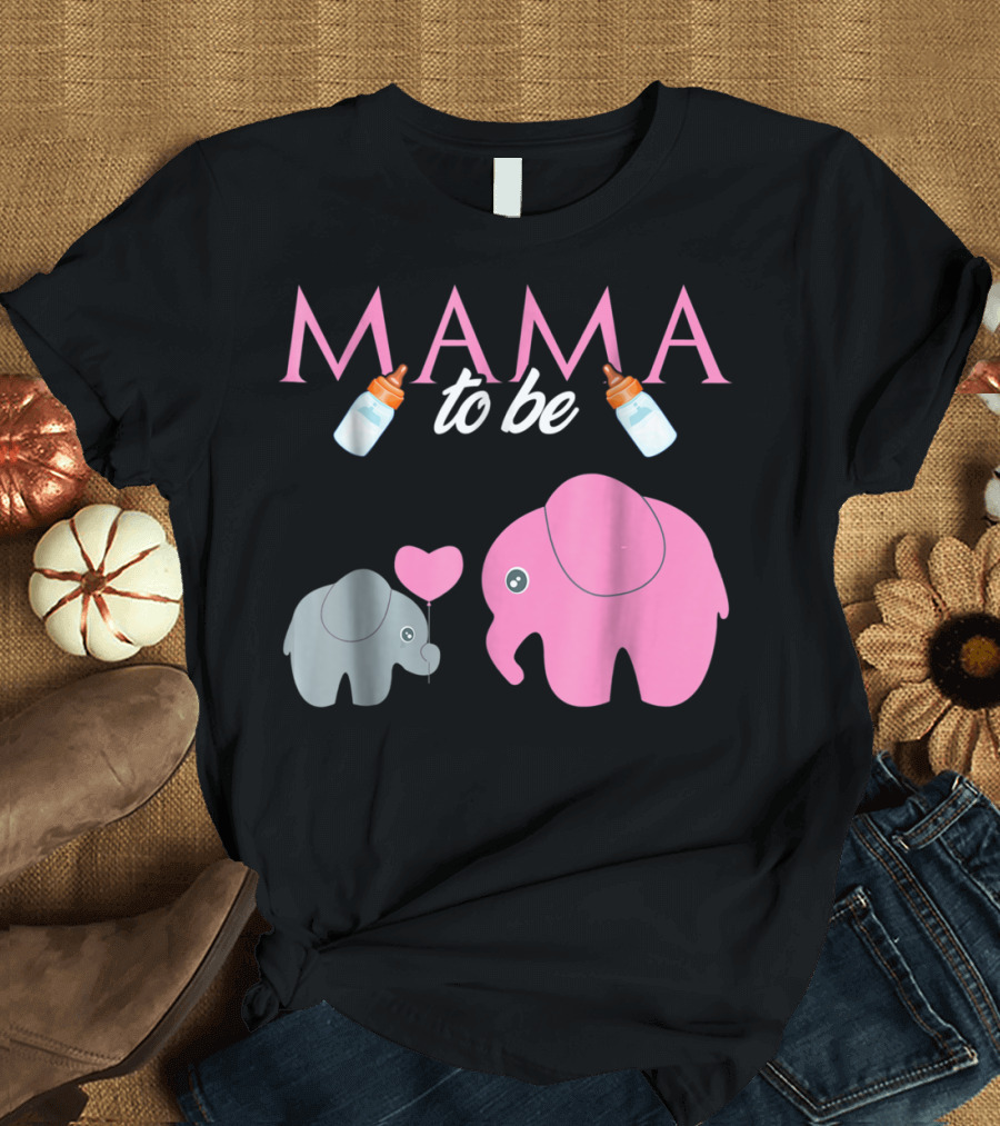 Mama to Be Pink Elephant Baby Shower with Milk Bottles and Heart Balloon T-Shirt