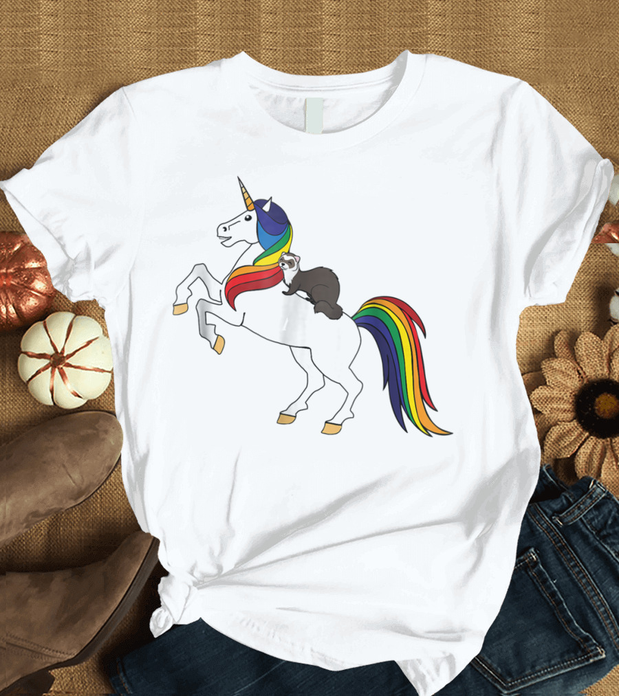 Ferret Riding Rainbow Unicorn T-Shirt