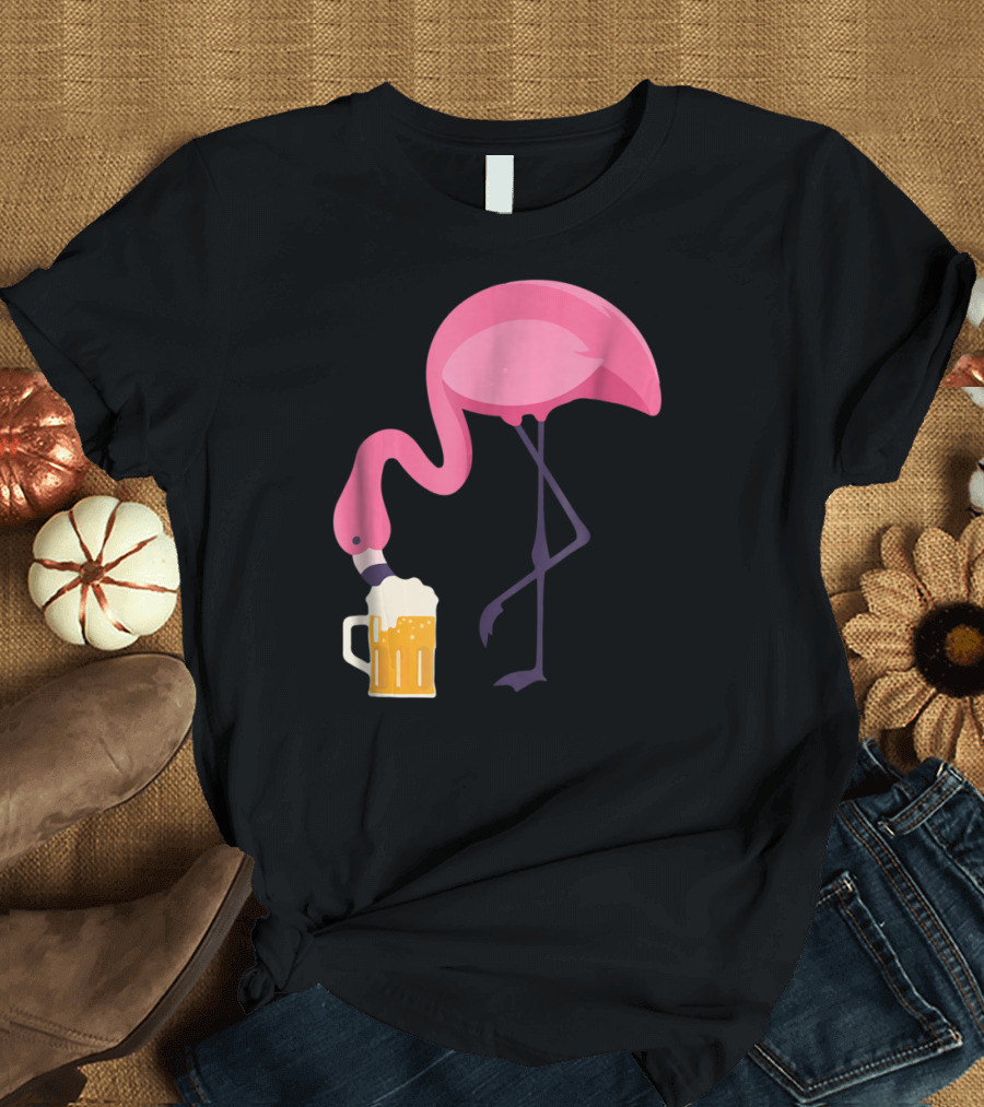 Flamingo Drinking Beer Concept with Pink Bird and Pint Glass T-Shirt