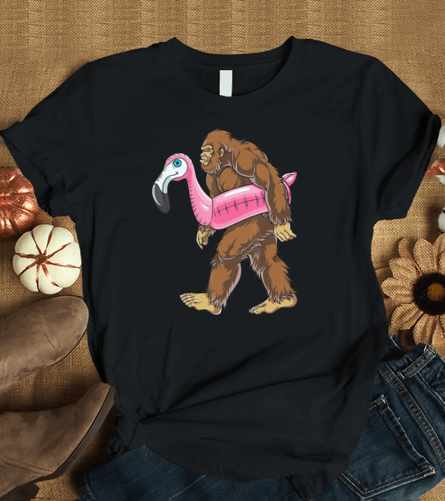 Pool Party Bigfoot Pink Flamingo Sasquatch Float T-Shirt