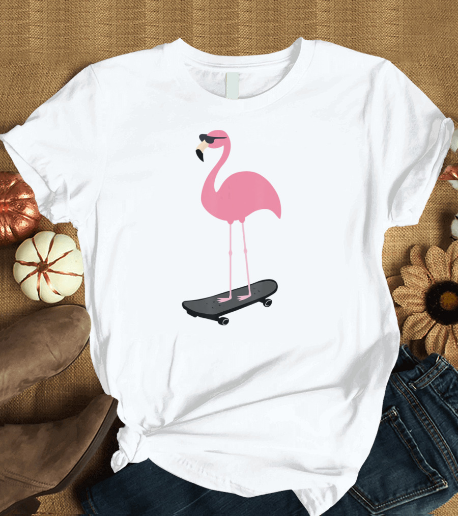 Cool Pink Flamingo Skateboard Sunglasses Bird Pun T-Shirt