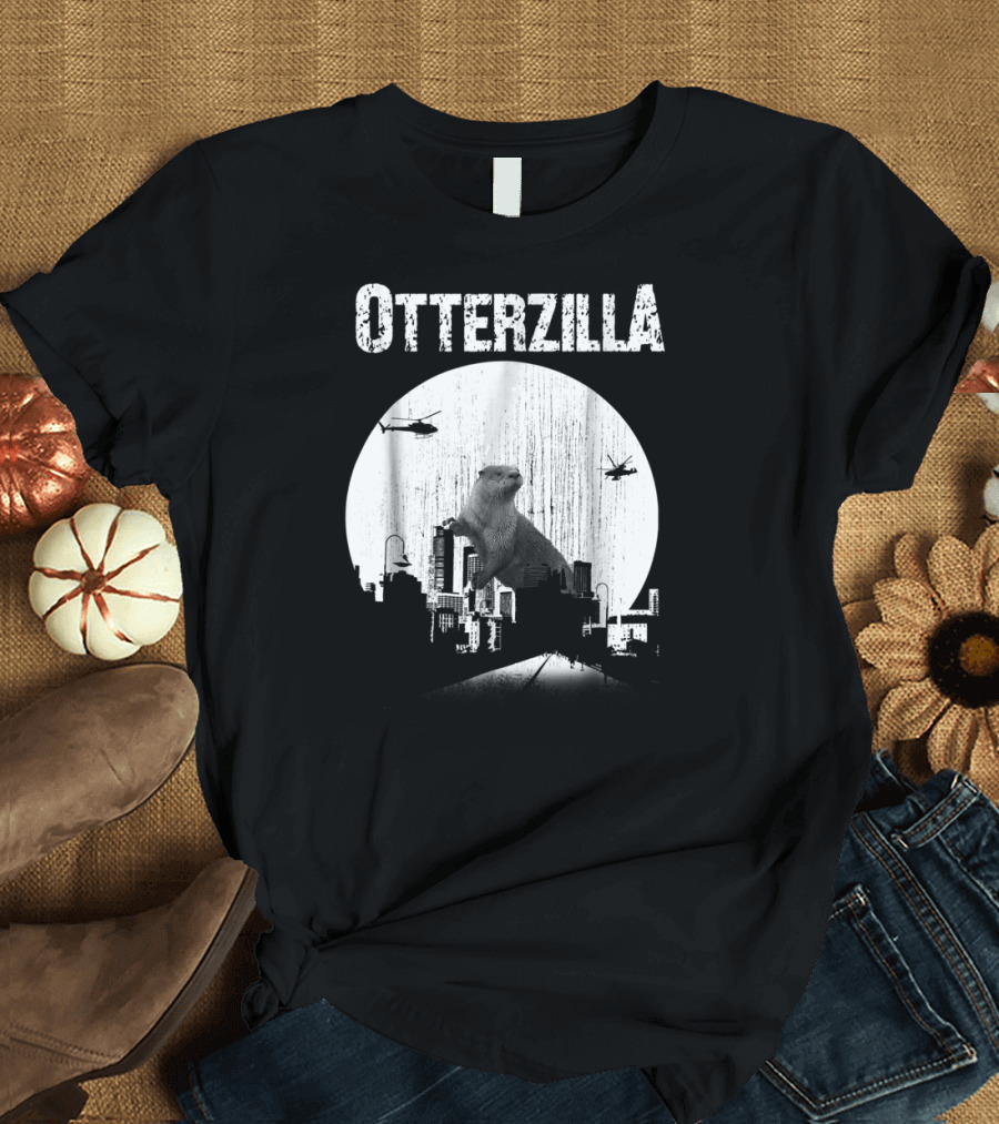 Otterzilla Funny Otter Cute Otters Lover Cityscape Helicopters T-Shirt