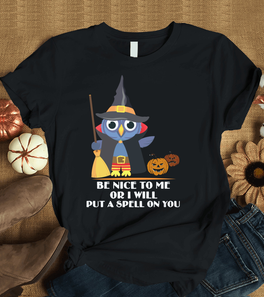 Be Nice To Me Or I Will Put A Spell On You Halloween Owl Witch Broom Pumpkins T-Shirt