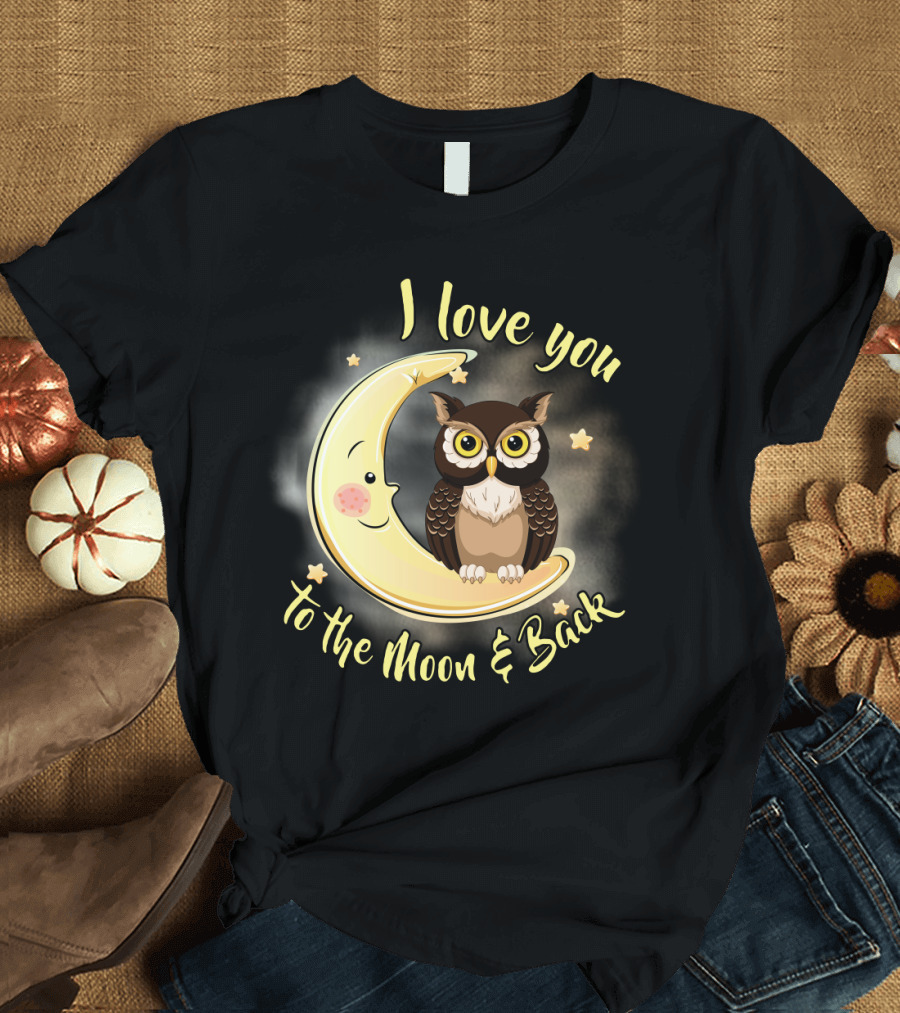 I Love You to the Moon and Back Owl on Smiling Clown Moon with Stars T-Shirt