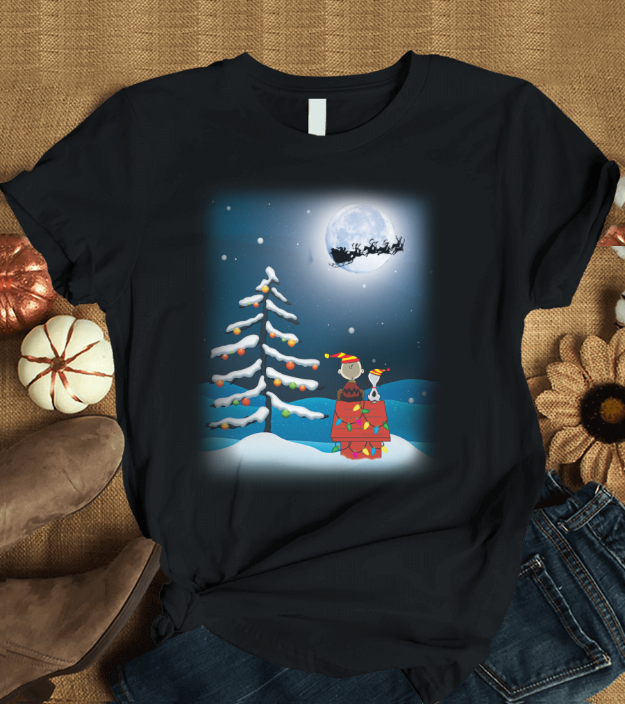 Noel Night Snoopy Peanuts Movie Christmas Scene Santa Sleigh Winter Tree with Lights T-Shirt