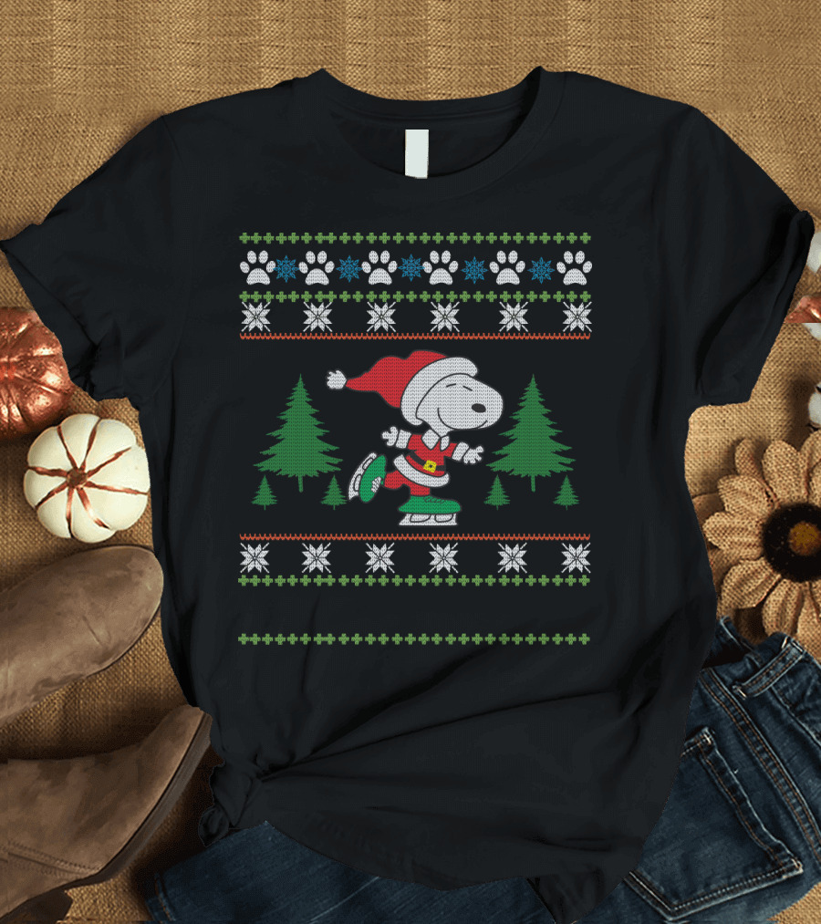 Pattin Xmas Snoopy Ice Skating Christmas Sweater Peanuts Movie T-Shirt