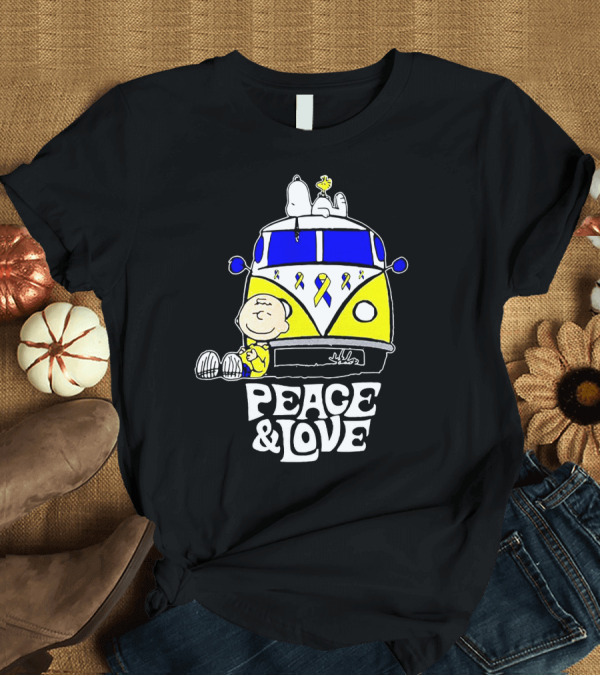 T-Shirt: Peace And Love Snoopy Woodstock Yellow Ribbon Van Peanuts Cancer Warrior T-Shirt Peace And Love Snoopy Woodstock Yellow Ribbon Van Peanuts Cancer Warrior T-Shirt