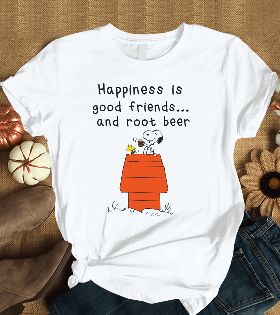 Happiness Is Good Friends And Root Beer with Snoopy and Woodstock Peanuts Movie T-Shirt