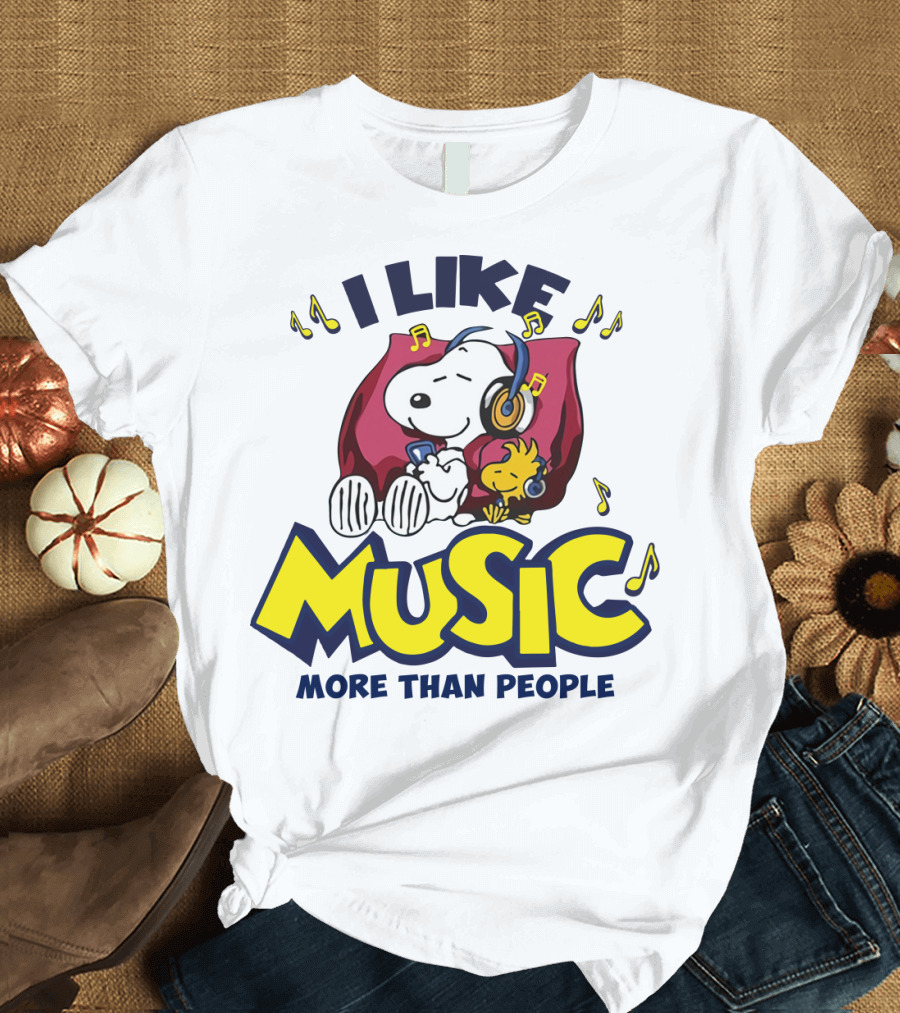 I Like Music More Than People Snoopy Listening with Headphones Peanuts Movie T-Shirt