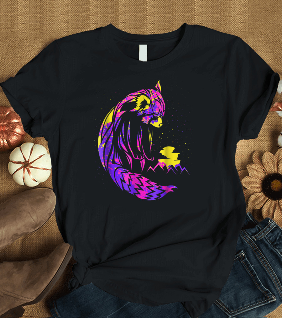 Red Panda Tribal Neon Night Mountains T-Shirt