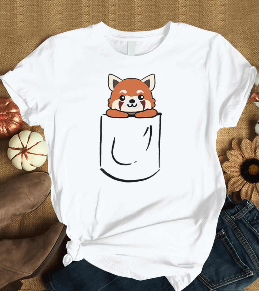 Cute Red Panda Peeking Out of Pocket T-Shirt