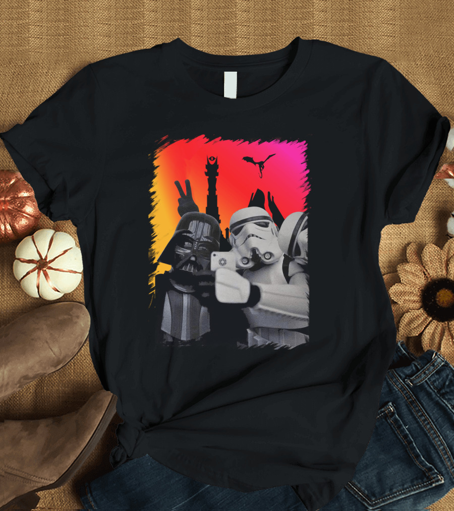 Darth Vader and Stormtroopers Taking Selfie in Mordor with Mount Doom and Sauron's Eye Star Wars Crossover T-Shirt
