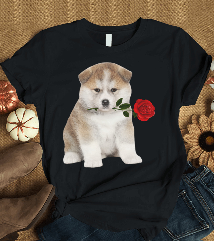Akita Puppy Holding Red Rose T-Shirt