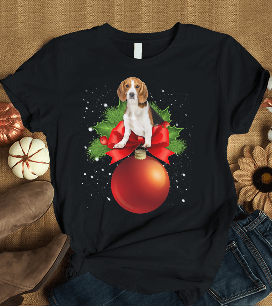 Beagle Red Christmas Ornament with Holly and Snowflakes T-Shirt