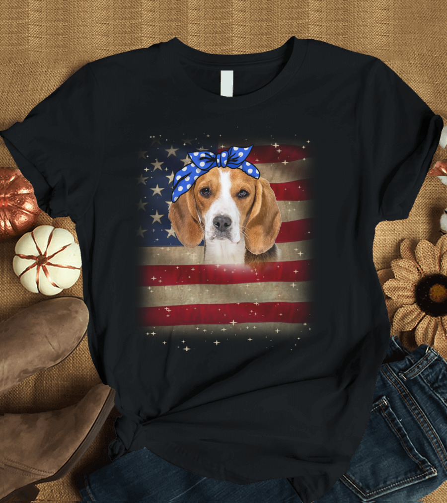Beagle with Blue Polka Dot Bow on American Flag Background T-Shirt