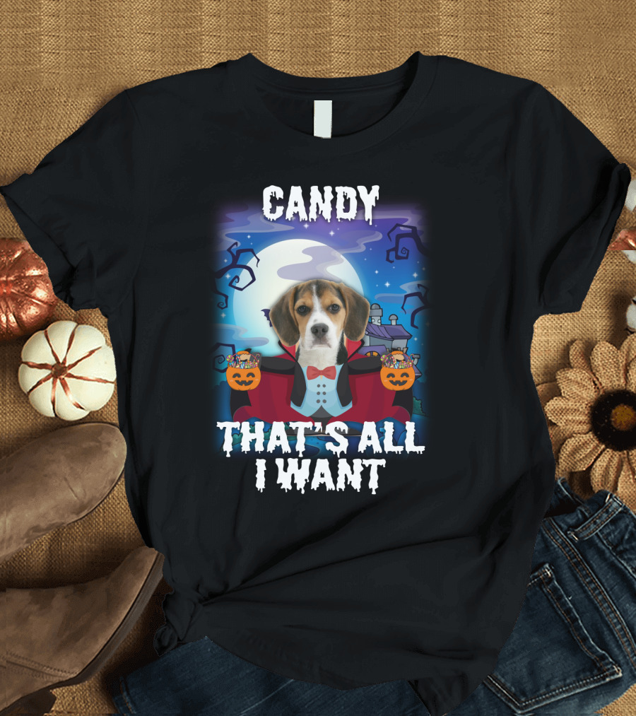 Candy Beagle Halloween Moonlit Mansion With Pumpkins T-Shirt