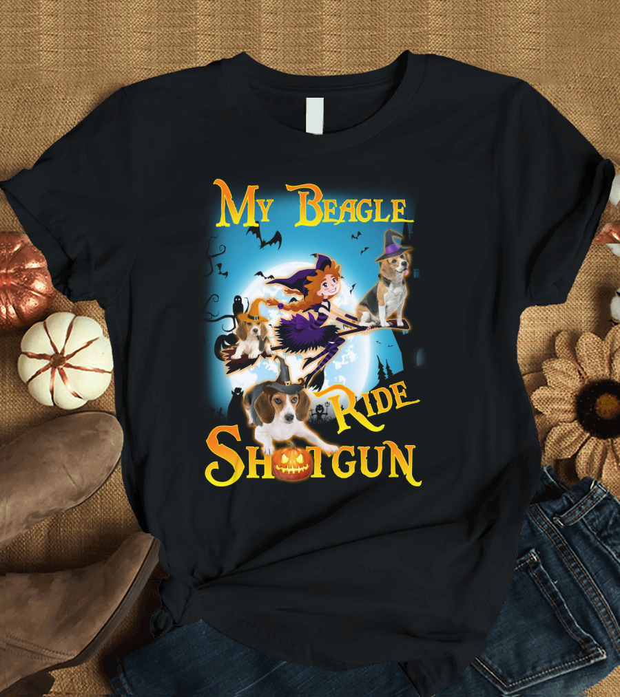My Beagle Ride Shotgun Witch Halloween Beagle Bats Moon Jack O Lantern T-Shirt