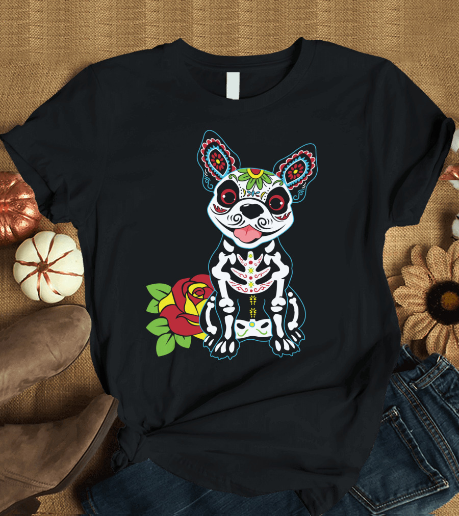 Boston Terrier Sugar Skull with Red Rose Day of the Dead T-Shirt