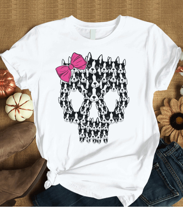 T-Shirt: Boston Terrier Skull Pink Bow T-Shirt Boston Terrier Skull Pink Bow T-Shirt